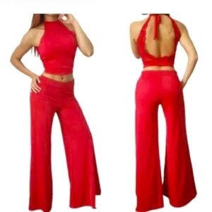 Set of Wide Boot Pants and Lace Blouse on the Back Petite